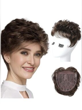 Reecho Hair Topper Short DARK CHOCOLATE BROWN Clip In With Bangs Hair Piece NEW